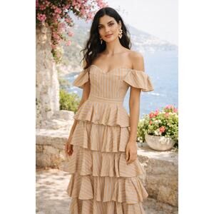 NWT Caroline Constas Irene Off Shoulder Ruffled Striped Cotton Dress Size 6 $860